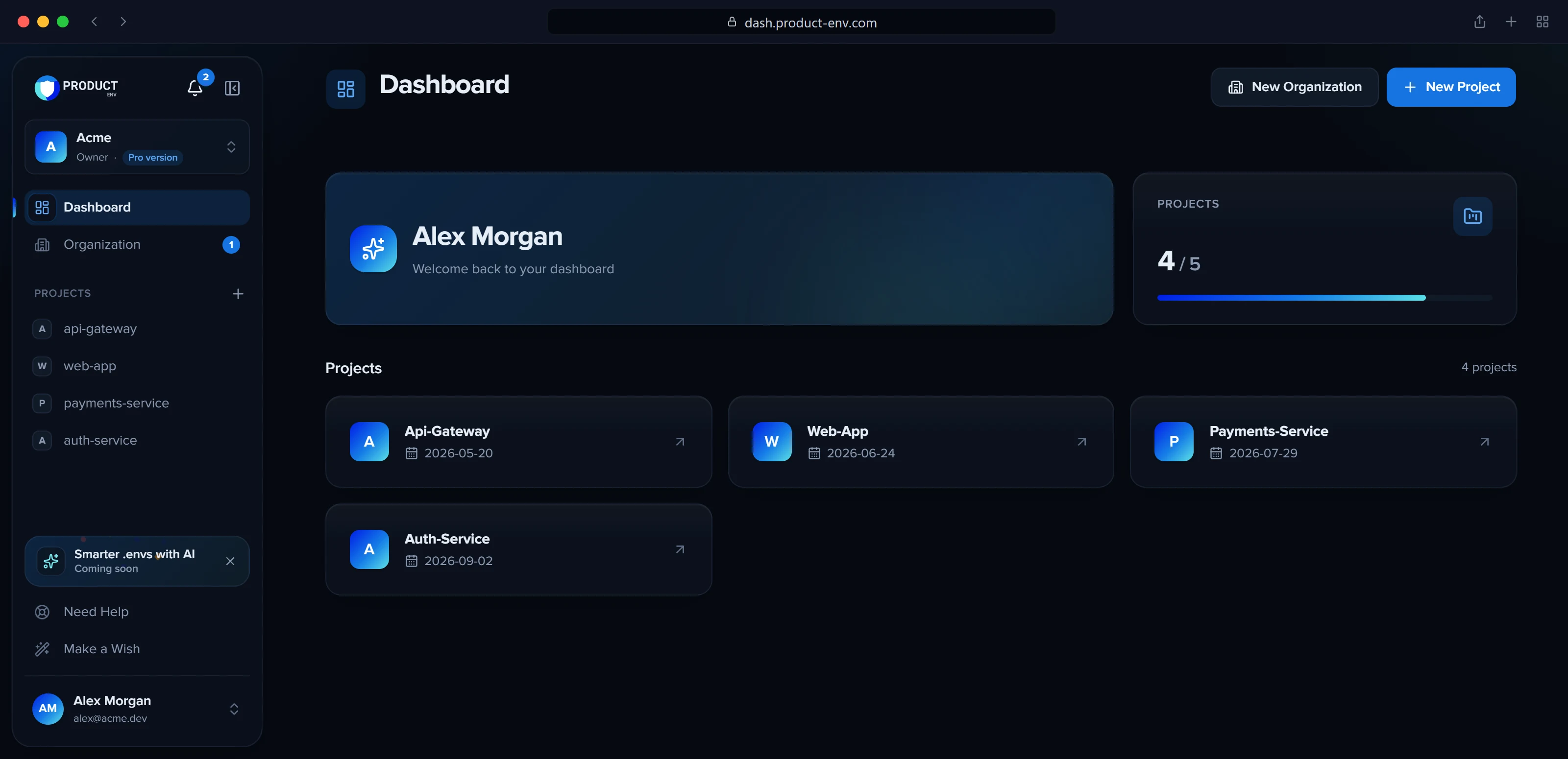 The ProductEnv dashboard at dash.product-env.com in dark mode, showing an organization's projects, its plan usage and the sidebar project list